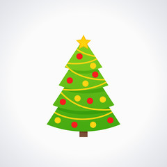 Christmas tree. Vector. Tree icon in flat design. Xmas spruce fir. Merry cartoon background. Winter illustration isolated on white. Pine with garland, star, balls. Computer graphic.