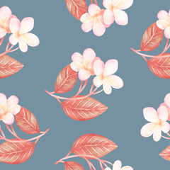 Illustration of watercolor hand drawn colorful pattern with pink flowers and leaves on blue background. Tileable for wallpaper, card or fabric. Retro, vintage, Japanese and Chinese style