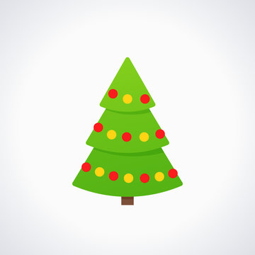 Christmas tree. Vector. Tree icon in flat design. Merry spruce fir. Xmas cartoon background. Green pine with balls. Winter illustration isolated on white. Computer graphic.