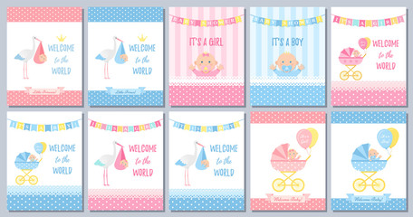 Fototapeta na wymiar Baby Shower boy card. Vector Baby girl design. Cute pink blue banner. Birth party background. Welcome template invite. Happy greeting poster with kid, stork, pram, polka dot print Cartoon illustration