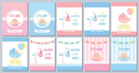 Baby Shower boy girl card. Vector. Baby girl boy design. Cute pink blue poster. Birth party background. Set welcome template invites. Happy greeting decoration banner. Cartoon illustration.