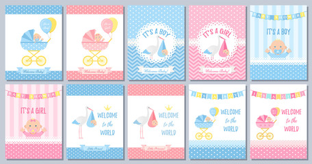 Fototapeta na wymiar Baby Shower boy card. Vector Baby girl design. Cute birth party background. Welcome template invite. Pink blue poster. Happy greeting banner with kid, stork, pram, polka dot print Cartoon illustration