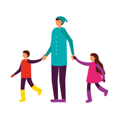 father holding hands her son and daughter