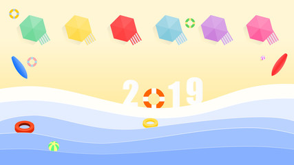Naklejka premium Top view of the 2019 numbers in the beach with swimmers equipment ,cribs and sunshades for tourists, illustration vector design for holiday and new year.
