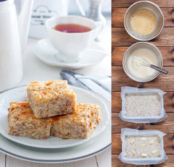 Collage of cooking buckwheat krupenik with cottage cheese, traditional Russian cuisine, selective focus