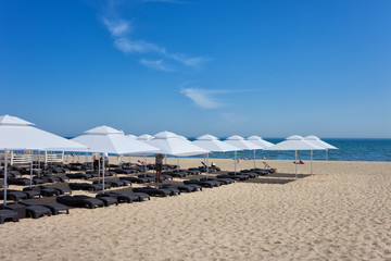 Beach With Sun Loungers At Baltic Sea In Sopot - obrazy, fototapety, plakaty