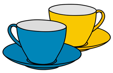 The blue and yellow coffee cups