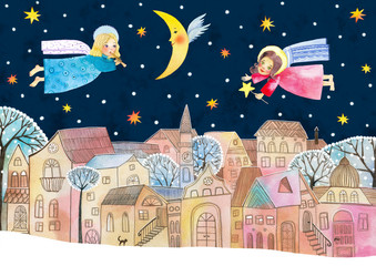 Little Angel. Silent night. Watercolor illustration