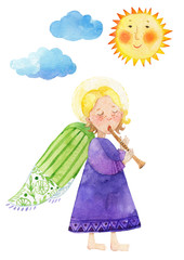 Little Angel. Silent night. Watercolor illustration