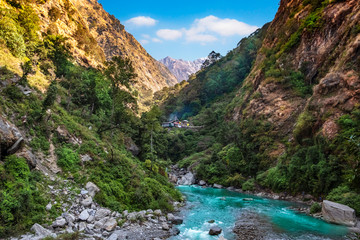 Nepal langtang river valley - obrazy, fototapety, plakaty