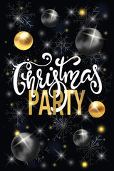 Party poster Merry Christmas holiday club invitation. Calligraphy lettering with gold ornament decoration of golden ball and gold snowflake on black background.