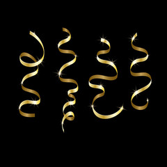 Gold streamers set. Golden serpentine ribbons, isolated on black background. Decoration for party, birthday celebrate or Christmas carnival, New Year gift. Festival decor. Vector.