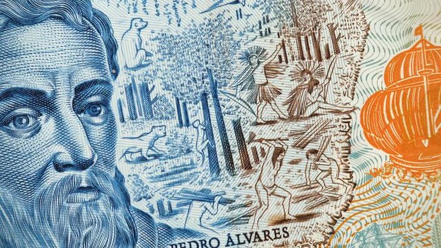 Pedro Alvares Cabral on Brazil 10 real (2010) banknote rotating, Brazilian money close up. 4K UHD video footage.