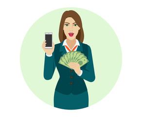 Businesswoman holding a mobile phone and money