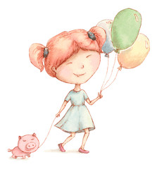 happy girl walks with a piglet and balloons