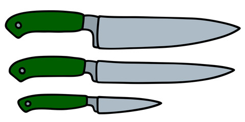 Three green kitchen knives