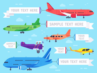 Airplane with banner. Flying ad aeroplane, aviation aircraft banners and airline plane ads vector illustration