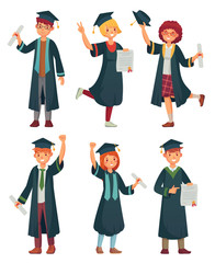 Graduates students. College student in graduation gowns, educated university graduating man and woman characters cartoon vector set