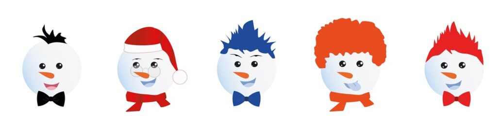 Set of Graphic Emoticons - snowmans. Collection of Emoji. Smile icons. Vector illustration on white background