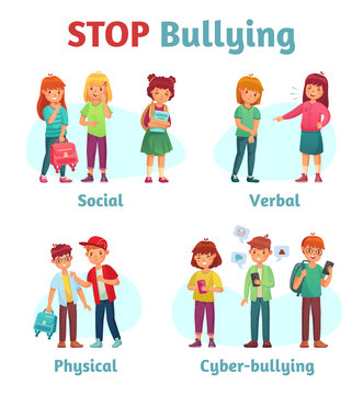 Stop School Bullying. Aggressive Teen Bully, Schooler Verbal Aggression And Teenage Violence Or Bullying Types Vector Illustration