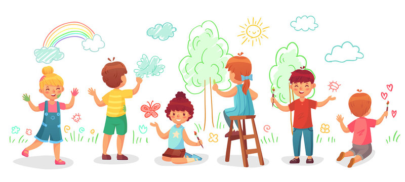 Kids drawing on wall. Childrens group draw color paintings on walls, child paint art cartoon vector illustration