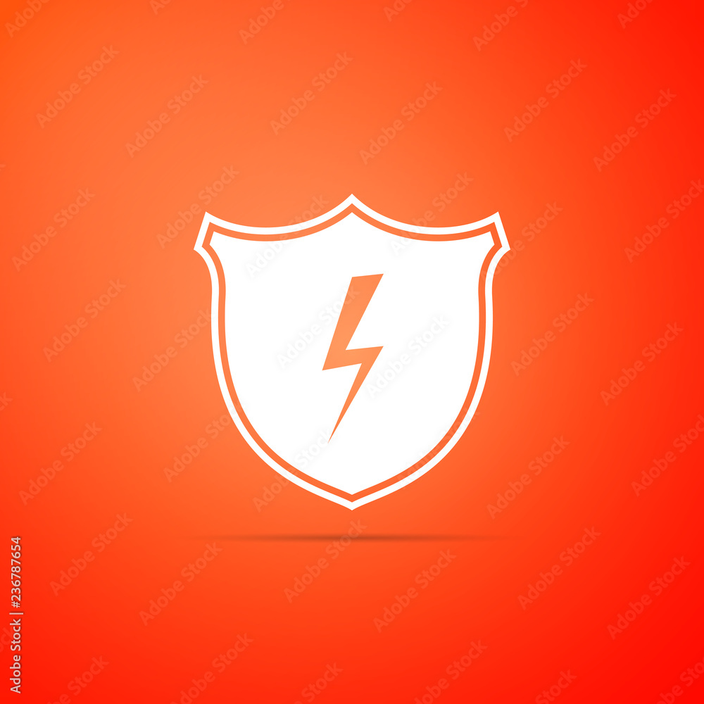 Poster secure shield with lightning icon isolated on orange background. flat design. vector illustration