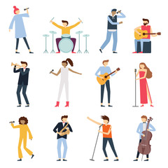 Fototapeta na wymiar Musician artists. Guitar playing artist, young drummer and pop song singer. Musical instruments stage players isolated flat vector set