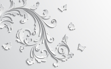 Abstract floral background with paper flowers  butterflies.