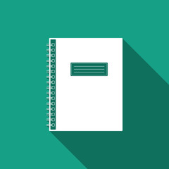 Notebook icon isolated with long shadow. Spiral notepad icon. School notebook. Writing pad. Diary for business. Notebook cover design. Office stationery items. Flat design. Vector Illustration