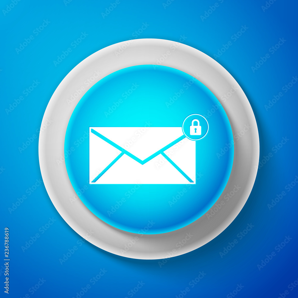 Poster white email message lock password icon isolated on blue background. envelope with padlock sign. priv