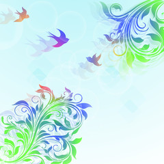 Abstract floral colorful  background with plants and birds.