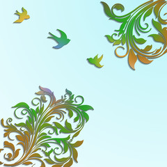 Abstract floral colorful  background with paper flowers and birds.