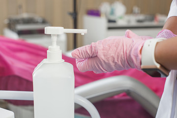 Close up still of hands making desinfaction. Background of sterilization hands, medical equipment...