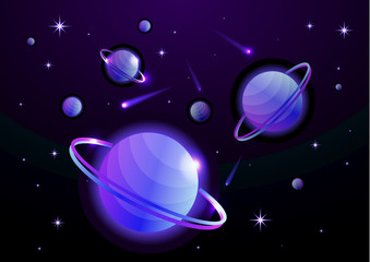 Fantastic space background with planets with ring, stars and comets. Astronomy and space, celestial objects, astrology and the universe, the space of galaxies and cosmic lights. Vector illustration.