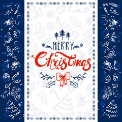 Merry Christmas and Happy New Year winter holidays greeting card with holidays objects. Vector illustration