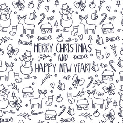 Merry Christmas and Happy New Year winter seamless pattern with holidays objects. Vector illustration