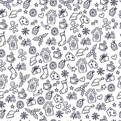 Merry Christmas and Happy New Year winter seamless pattern with holidays objects. Vector illustration