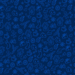 Merry Christmas and Happy New Year winter seamless pattern with holidays objects. Vector illustration