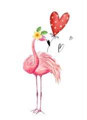 drawing watercolor pink flamingo with red heart