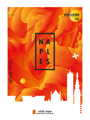 Italy Naples city poster with abstract skyline, cityscape, landmark and attraction. Travel vector red illustration layout for vertical brochure, website, flyer, presentation