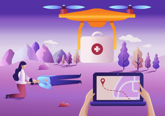 Drone or quadcopter medical service concept. Vector illustration. Drone fly over the landscape and delivering ambulance equipment. Hands controlling via laptop