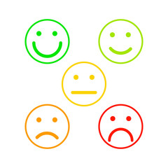 Face emoticons for rate of satisfaction level, five outline colorful grade smileys on white
