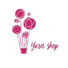 Yarn shop vector template logo. Freehand drawn line concept balloon and color wool clew on white background
