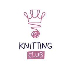 Fototapeta premium Knitting club vector template logo. Freehand drawn line crown and wool clew on white background for knit service or atelier tailoring salon or fashion dress designer studio.