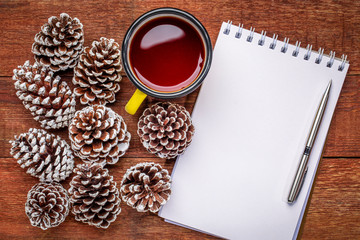 art sketchbook with tea and pine cones