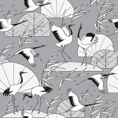 Monochrome Seamless Pattern with Cranes and Reeds