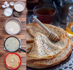 Collage of cooking thin openwork pancakes, selective focus