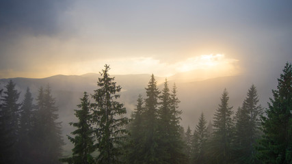 Naklejka na ściany i meble Foggy sunrise in the mountains