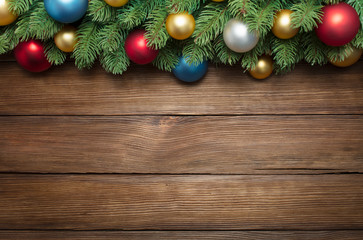 christmas decoration on wooden background with copy space
