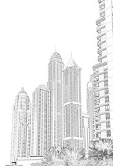 digitale Strichzeichnung Foto Skizze, Skyline von Dubai, Illustration